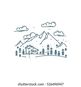 Flat line concept with house, trees and mountains. Trendy vector design house, eco house.