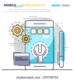 Flat line concept of Mobile app marketing , background , web banner , vector concept , mobile concept