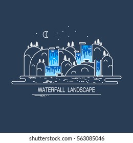 Flat line concept with waterfall and mountain night landscape. Trendy vector graphic design. Travel or tourism adventure background. Outdoor park activity. Explore nature waterfall