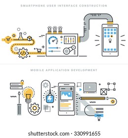 Flat line concepts for mobile website design and development, mobile application development, responsive design, programming, seo, smartphone user interface construction, for website banners.