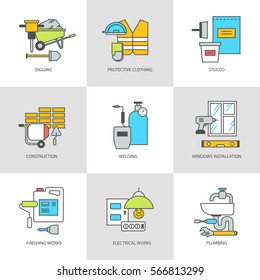 The flat line of conceptual icons, objects and tools. Construction, engineering and repair. Modern flat linear concept icons, symbols set for websites and applications, vector