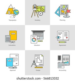 Flat Line Conceptual Stages Set Icons, Objects And Tools. Geodesy, Preparation, Construction And Engineering. Modern Flat Linear Concept Of The Icon, Symbol Set For Websites And Applications, Vector