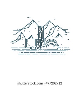 Flat line consept with waterfall and mountain. Trendy vector design 