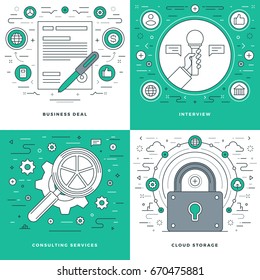 Flat line Consulting, Interview, Data Storage, Business Contract Concepts Set Vector illustrations. Modern thin linear stroke vector icons. Website Header Graphics, Banner, Infographics.