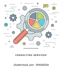Flat line Consulting Services Concept Vector illustration. Modern thin linear stroke vector icons. Website Header Graphics, Banner, Infographics Design, Promotional Materials. Vector Icons.