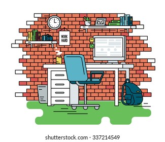 Flat line contour illustration of student workplace organization. Empty room interior with red brick wall, bookshelfs, work desk with computer, chair , school bag and green carpet. Isolated background