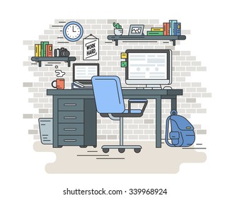 Flat line contour illustration of student workplace organization. Empty room interior with grey brick wall, bookshelfs, work desk with computer and laptop, chair, school bagt. Isolated background