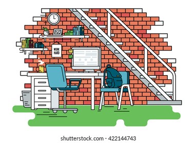 Flat line contour illustration of student workplace organization. Empty room interior with red brick wall, bookshelfs, work desk with computer, chair , school bag and green carpet. Isolated background