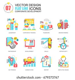 Flat line corporate development icons concepts set for website and mobile site and apps. Leadership skills, team training, business career. New style flat simple pictogram pack. Vector illustration.