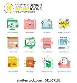 Flat line creative process icons concepts set for website and mobile site and apps. Digital graphics content making, design project workflow. New style flat simple pictogram pack. Vector illustration.