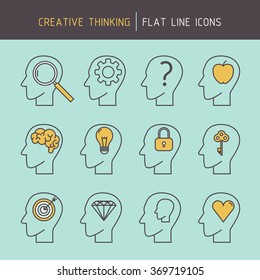 Flat line creative thinking human head icons of problem solving, goal targeting, achieving, creativity, strategic planning and learning.