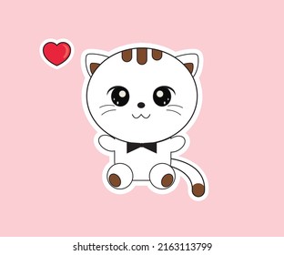 Flat line cute cat sitting love position vector