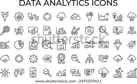 Flat Line Data Analytics Icons Set – Cloud, Dashboard, Charts, Graph, AI, Big Data, Strategy Symbols