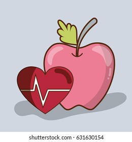 flat line delicious apple fruit with healthy heart