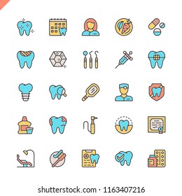 Flat line dental icons set for website and mobile site and apps. Outline icons design. 48x48 Pixel Perfect. Linear pictogram pack. Vector illustration.