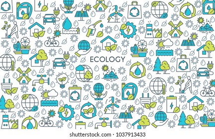 Flat line design banner on theme environment and ecology. Renewable energy and green technology signs. Vector illustration