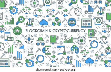 Flat line design banner on theme blockchain and cryptocurrency. Finance computer network signs. Vector illustration