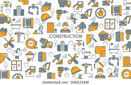 Flat line design banner on construction theme. Building, home repair tools and construction works symbols. Vector illustration