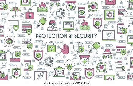 Flat line design banner on theme security and protection. Internet security, data protection. Vector illustration