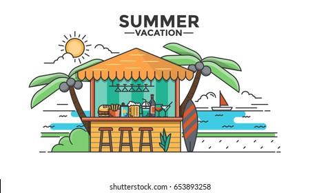 Flat Line Design Of Beach Bar. Summer Card, Poster, Template. Vector Illustration.