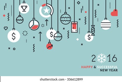 Flat line design business concept for New Year's greeting card, web banner and marketing material.