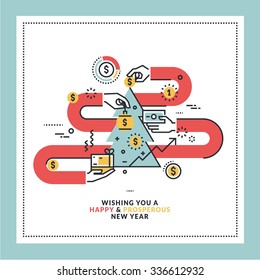 Flat line design business New Year's greeting card. Vector illustration for website banner and marketing material.