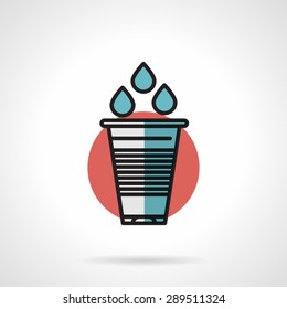 Flat line design colored vector icon for disposable plastic glass and three water drops on red round background.