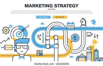 Flat line design concept for business and marketing, market research, planning and analytics, marketing strategy, partnership teamwork organization, success business, for web banner and landing page.