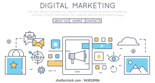 Flat line design concept for digital marketing, social media marketing, sharing media information, for website banner and landing page 