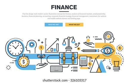 Flat Line Design Concept For Finance, Market Analysis, Financial Planning, Accounting, Corporate Financial Strategy, Financial Management, Investment, For Website Banner And Landing Page.