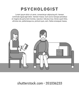 Flat line design concept of friendly psychologist female character. Therapist sitting wearing glasses holding notepad ready to begin session in her psychology cabinet with sofa.