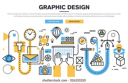 Flat line design concept for graphic design workflow process, industrial design, branding, corporate identity, stationary, product design, photo editing, for website banner and landing page.