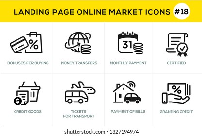 Diseño de línea plana iconos de compras en línea, comercio electrónico servicios de comercio electrónico, procedimiento de pago, certificado, crédito, boletos, transporte, facturas, concesión, tarjeta, procedimiento de pedido en línea, banner de sitio web