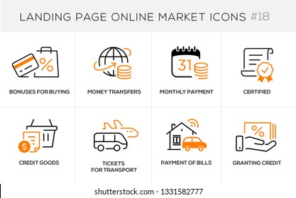 Flat line design concept icons online shopping, e-commerce m-commerce services, payment procedure, certified, credit, tickets, transport, bills, granting, card, online order procedure, website banner