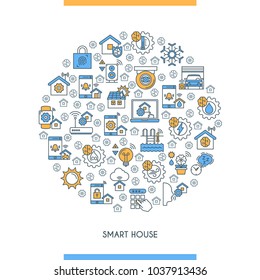 Flat line design concept on theme smart house. Smart systems and technology signs. Home automation system. Vector illustration