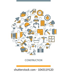 Flat line design concept on construction theme. Building, home repair tools and construction works symbols. Vector illustration