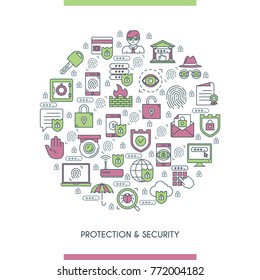 Flat line design concept on theme security and protection. Internet security, data protection. Vector illustration