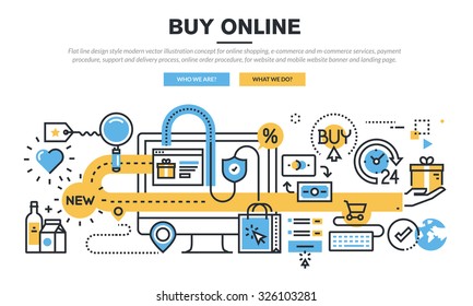 Flat line design concept for online shopping, e-commerce and m-commerce services, payment procedure, support and delivery process, online order procedure, for website banner and landing page.