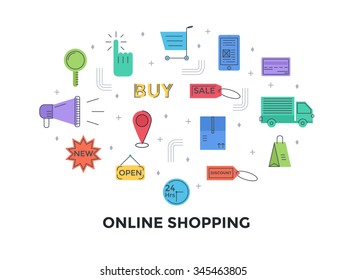 Flat line design concept of online shopping.