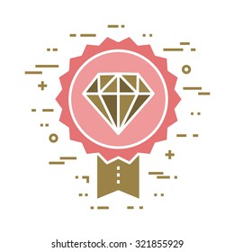 Flat line design concept of premium quality, diamond badge with ribbon, vector illustration