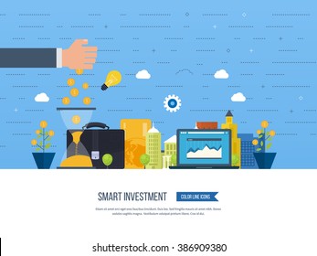 Flat line design concept for smart investment, finance, banking, market data analytics, strategic management, financial planning. Business diagram graph chart. Property investment