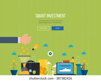 Flat line design concept for smart investment, finance, banking, market data analytics, strategic management, financial planning. Business diagram graph chart.