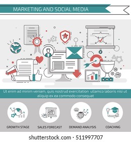 Flat line design concept of Social Media and Marketing.