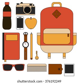Flat line design concept vector illustration of every day carry and outfit accessories, things, tools, devices, essentials, objects. Icons collection in modern colors.