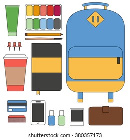 Flat line design concept vector illustration of every day carry and outfit accessories, things, tools, devices, essentials, objects. Icons collection in modern colors.