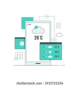 Concepto de diseño de línea plana del concepto de pronóstico meteorológico. Ilustración de sitios web, páginas de aterrizaje, aplicaciones móviles, carteles y banners