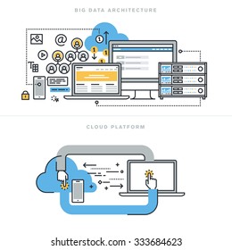 Flat Line Design Concepts For Big Data Architecture, Big Data Technology, Database Analytics, Mobile Cloud Computing, Cloud Platform And Solutions, For Website Banner And Landing Page.