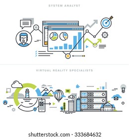 Flat Line Design Concepts For System Analyst, Information System Architect And Developer, Business Analyst, Virtual Reality Technology, Augmented Reality, Vr Gaming And Headset Devices.