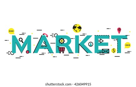 Flat line design, concepts of words market, flat design banners for website and mobile website, marketing service system