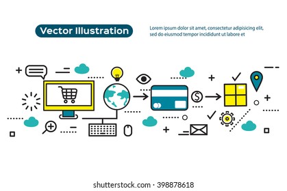 Flat line design, e-commerce business concept, internet store, process e-commerce